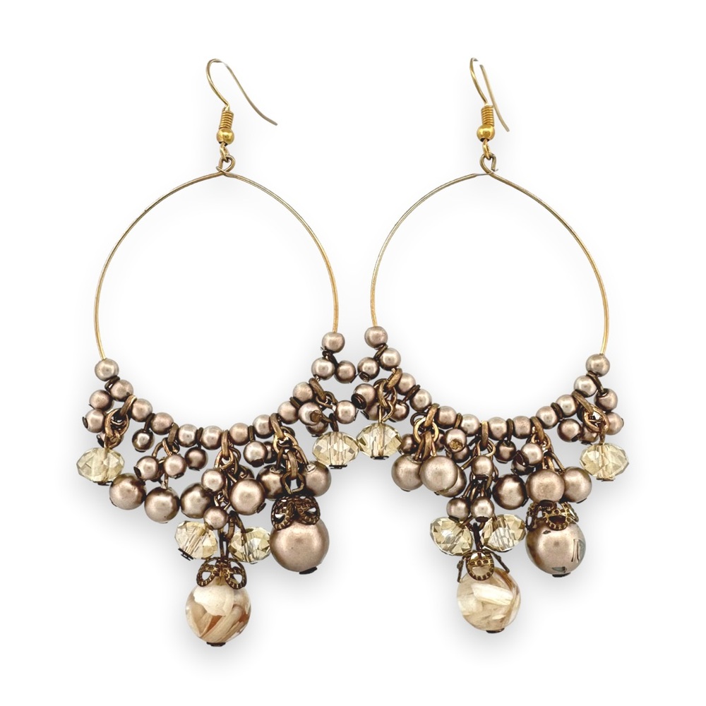 Erica Lyons Gold Tone Beaded Chandelier Hoop Earrings w/ Faux Pearl Beads